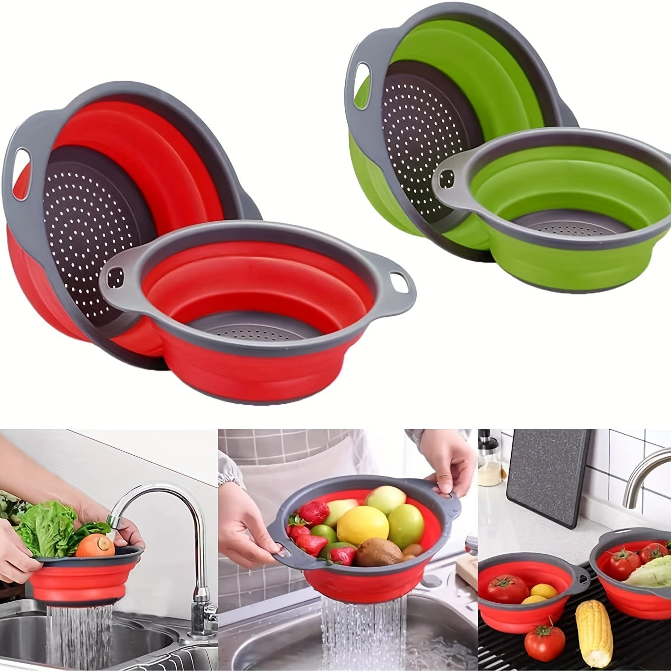 1/2 Set of Round Kitchen Draining Baskets, Foldable Funnel - Includes One Large And One Small, Perfect for Draining Pasta, Vegetables, And Fruits (Green, Red, Blue)