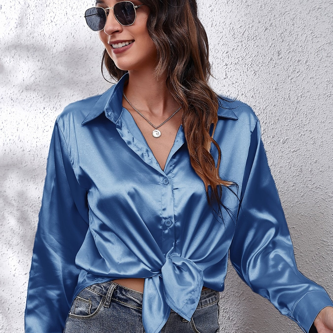 Solid Color Long Sleeve Button Down Tops, Business Casual Blouses For All Seasons, Women's Clothing