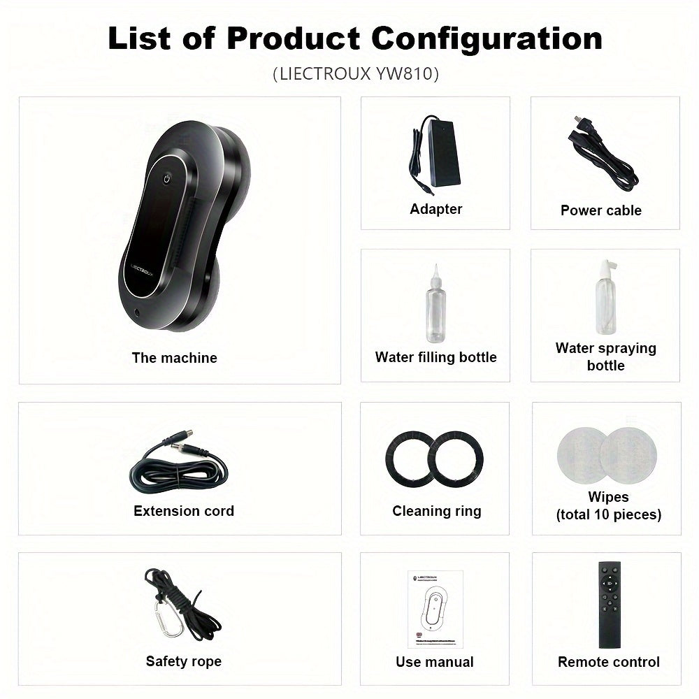 Robot Window Cleaner Liectroux YW810, 2-Way Water Spray, Ultra-thin, Robot Vacuum Cleaner For Windows, Home Electric Glass Washer & Wiper, Dry & Wet Mopping, AI Route, Brushless Motor, APP & Remote Control, Quadruple Security