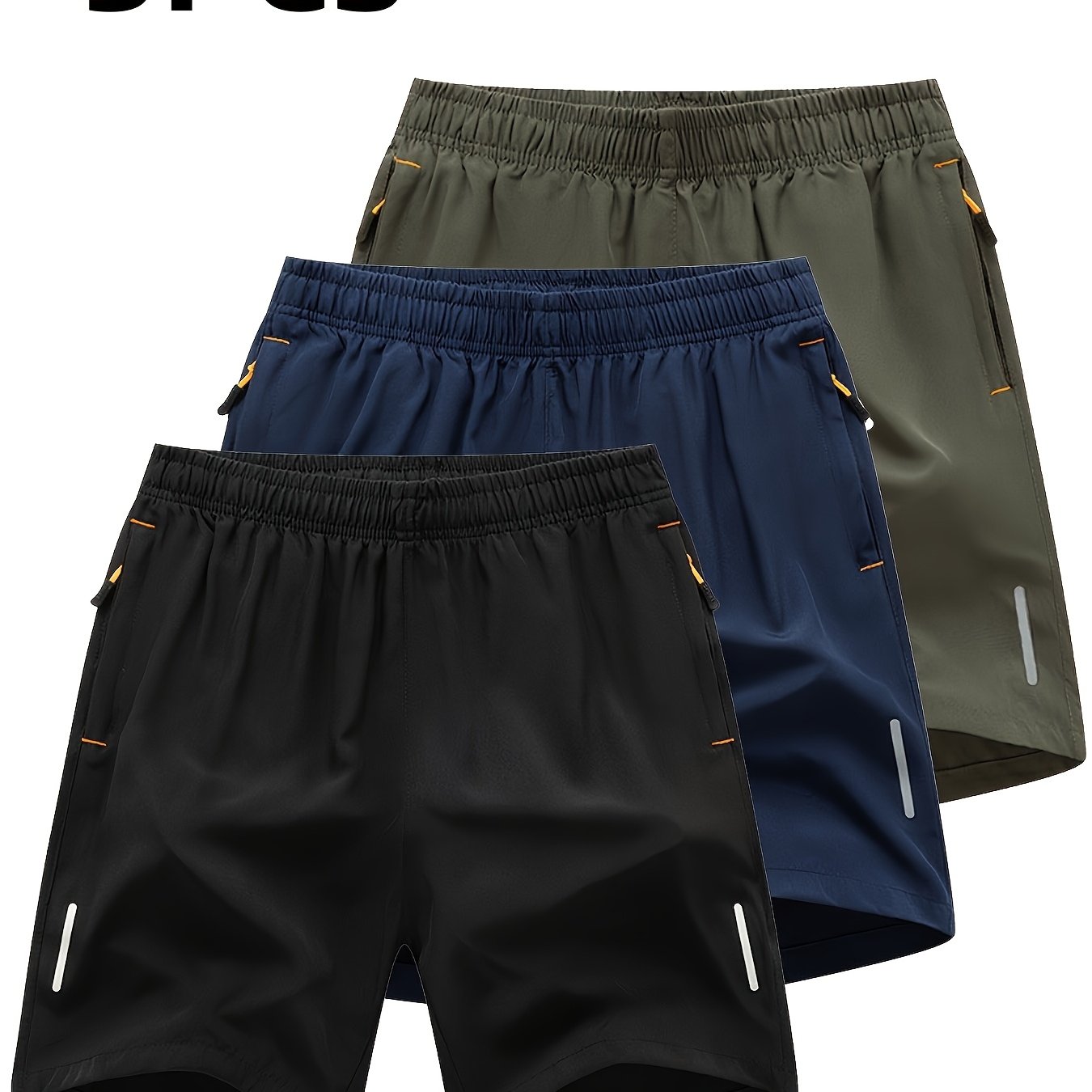 3pcs Reflective Men's Stripe Decor Sports Shorts, Elastic Waist Trendy Fitness for Summer Training