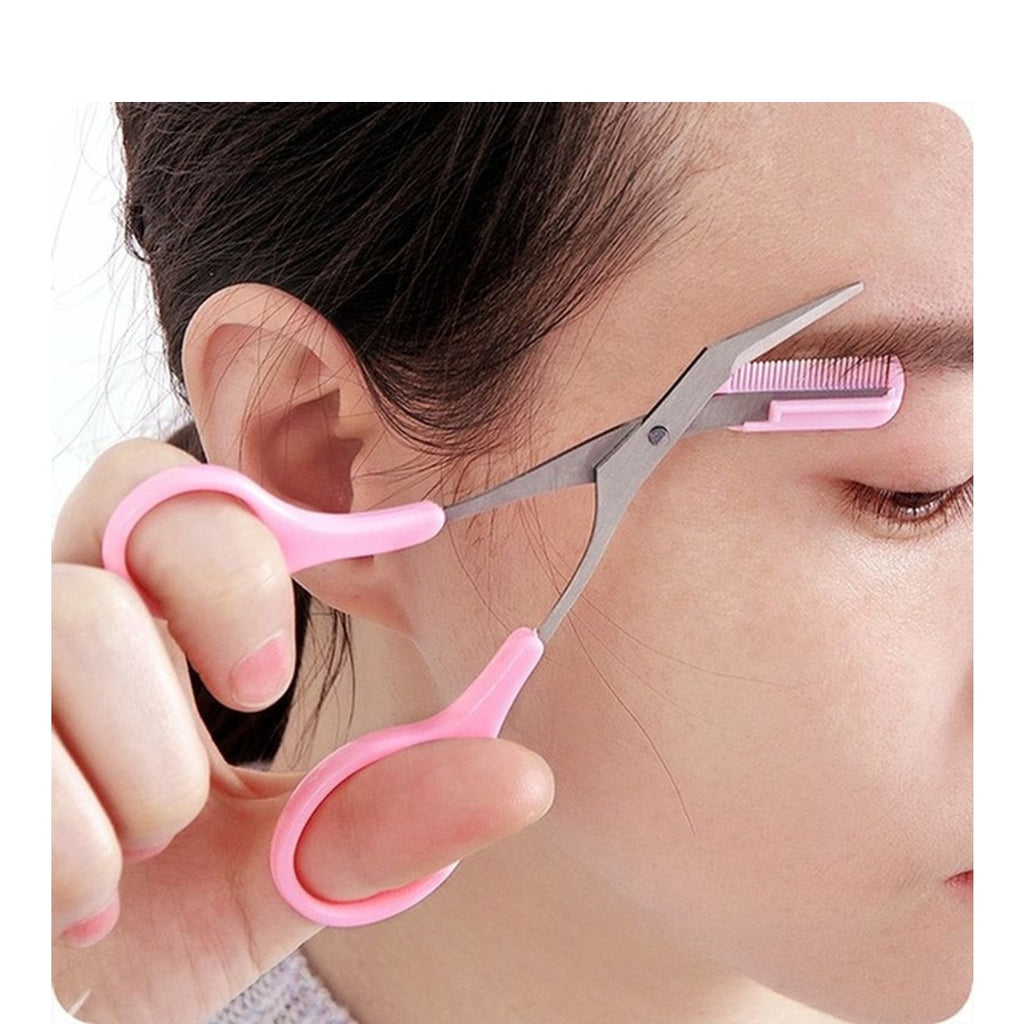 [Elegant Style] Stainless Steel Eyebrow Trimming Scissors with Pink Comb - Safe, Mini Makeup Grooming Tool for Perfectly Shaped Eyebrows, No Power Needed