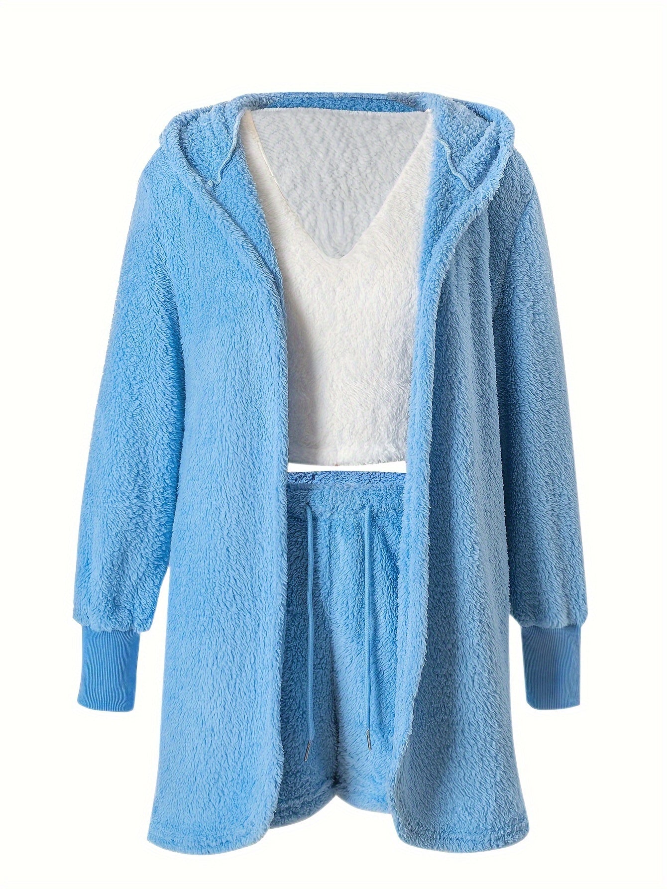 Warm Fuzzy Pajama Set, Long Sleeve Hooded Robe & Tank Top & Drawstring Shorts, Women's Sleepwear & Loungewear