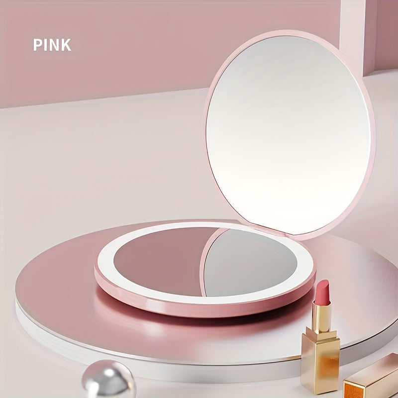1pc Compact Round Foldable LED Vanity Mirror - Travel Portable Lighted Makeup Mirror for Purse Handbag - 2x Magnification, Double-sided, Handheld, Mini Touch-up Mirror with Light for Travel Essentials