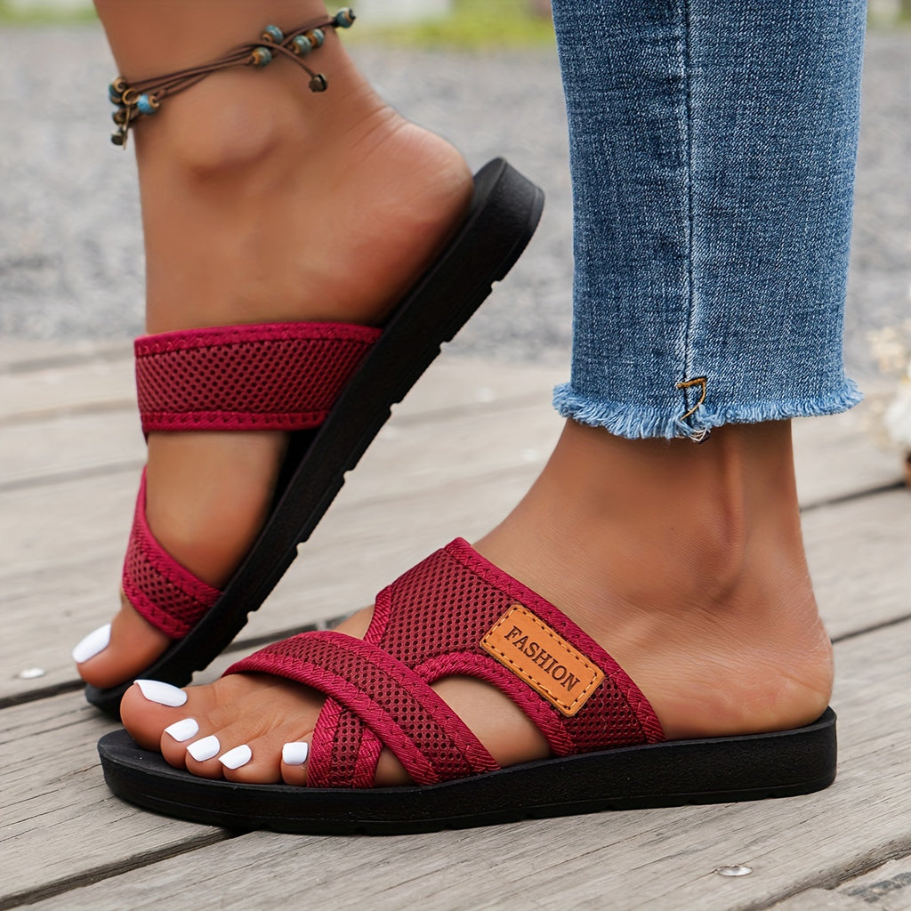 Women's Breathable Mesh Slide Sandals - Comfortable Open-Toe Flat Shoes with Crisscross Straps, Lightweight Summer Footwear in Black/Brown or Red/Black, Casual Indoor & Outdoor Wear, Strappy Sandals