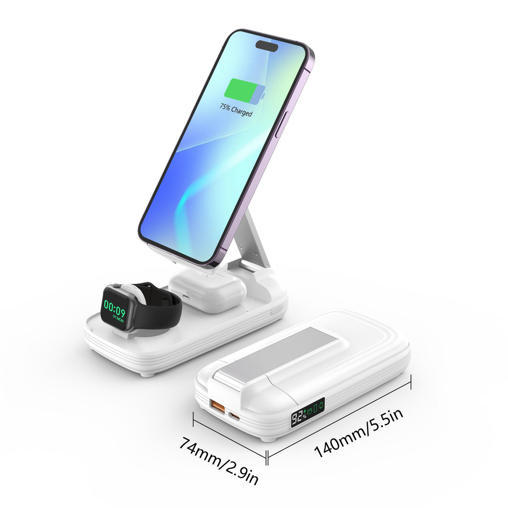 BezosMax 3 in 1 Wireless Charging Station 10000 mAh Power Bank Foldable Phone holder Magnetic Wireless Charger Adjustable angle lightweight Portable Fast charging Digital Power Display for iPhone/ iWatch/Airpods