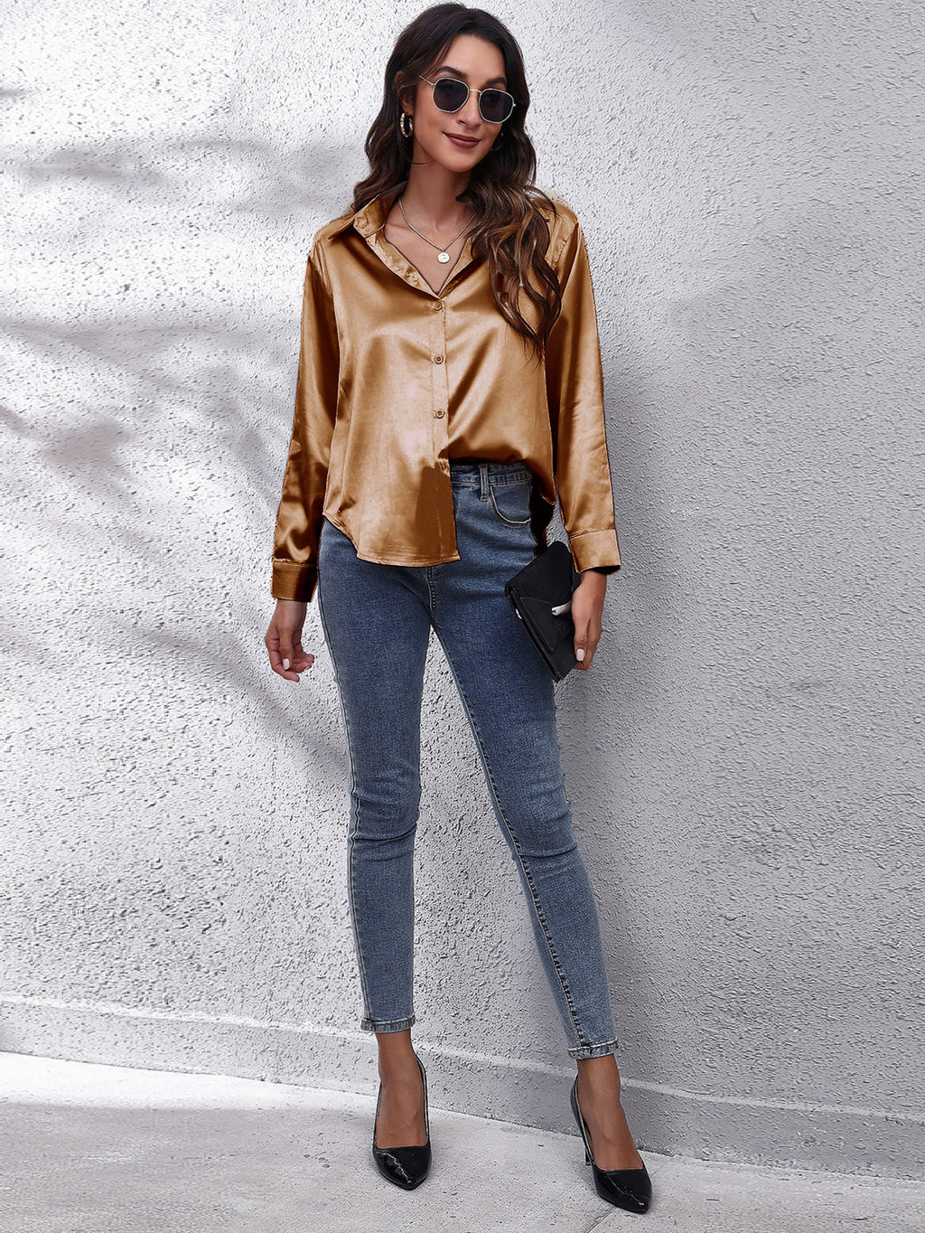 Solid Color Long Sleeve Button Down Tops, Business Casual Blouses For All Seasons, Women's Clothing