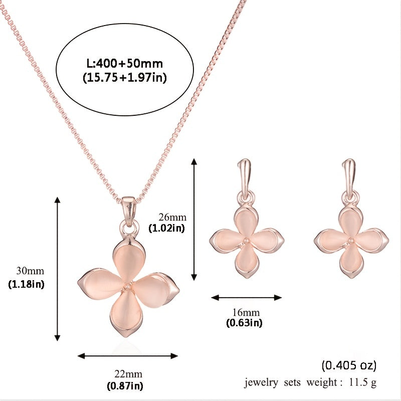 Delicate Pink Four Leaf Clover Opal Pendant Necklace & Earrings Jewelry Set Lucky Accessories Gift For Birthday Party St. Patrick's Day Holiday Ornament