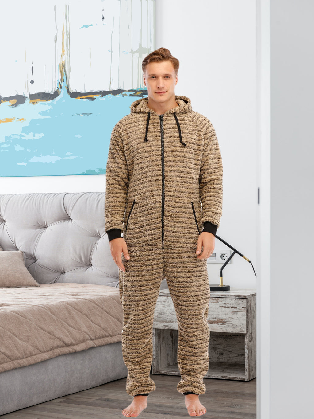 Men'S Heavy-Duty Full-Zip Hooded Onesie - Long Sleeve Winter Sleepwear, Thermal Insulated Lounge suit with Drawstring Hood, Loose Fit Onesie for Cold Weather, Christmas Costume & Everyday Indoor/Outdoor Use - Easy Zipper Clos