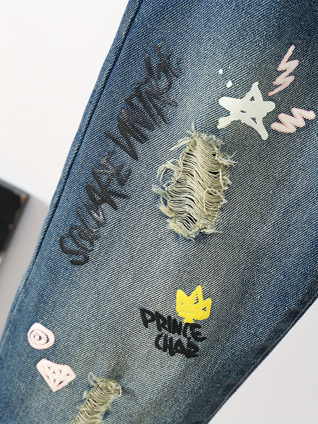 Girls Ripped Tapered Jeans, Cartoon Pattern Elastic Waistband Denim Jeans Kids Clothes