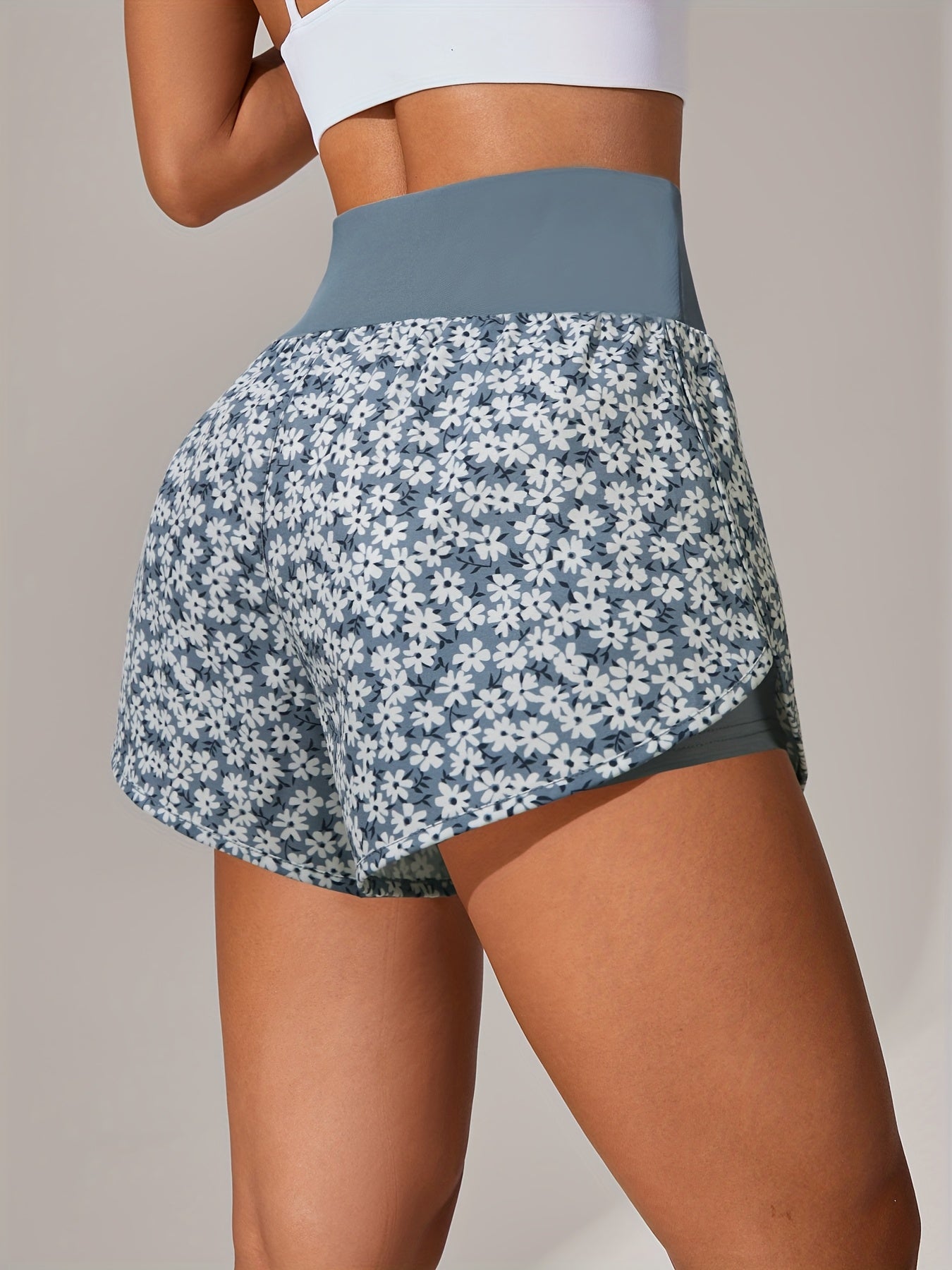 [Yoga Activewear] Women's Light Blue Yoga Shorts - Casual & Loose-Fit, High-Waisted with Ruffle Detail, Stretchy Polyester-Elastane Blend, Machine Washable, Perfect for Spring/Summer/Fall