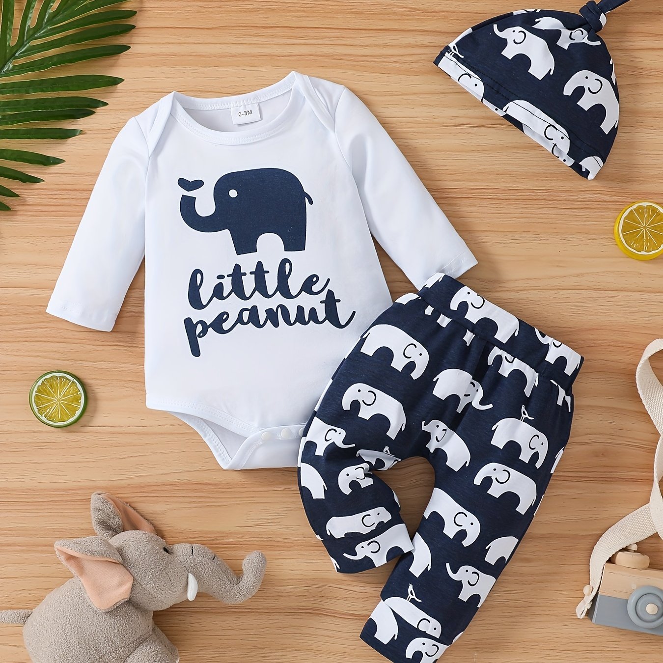 Baby Boys Cotton Bodysuit + Matching Pants + Hat With Elephant Print, Long Sleeve Romper Onesie Set Baby Clothes
