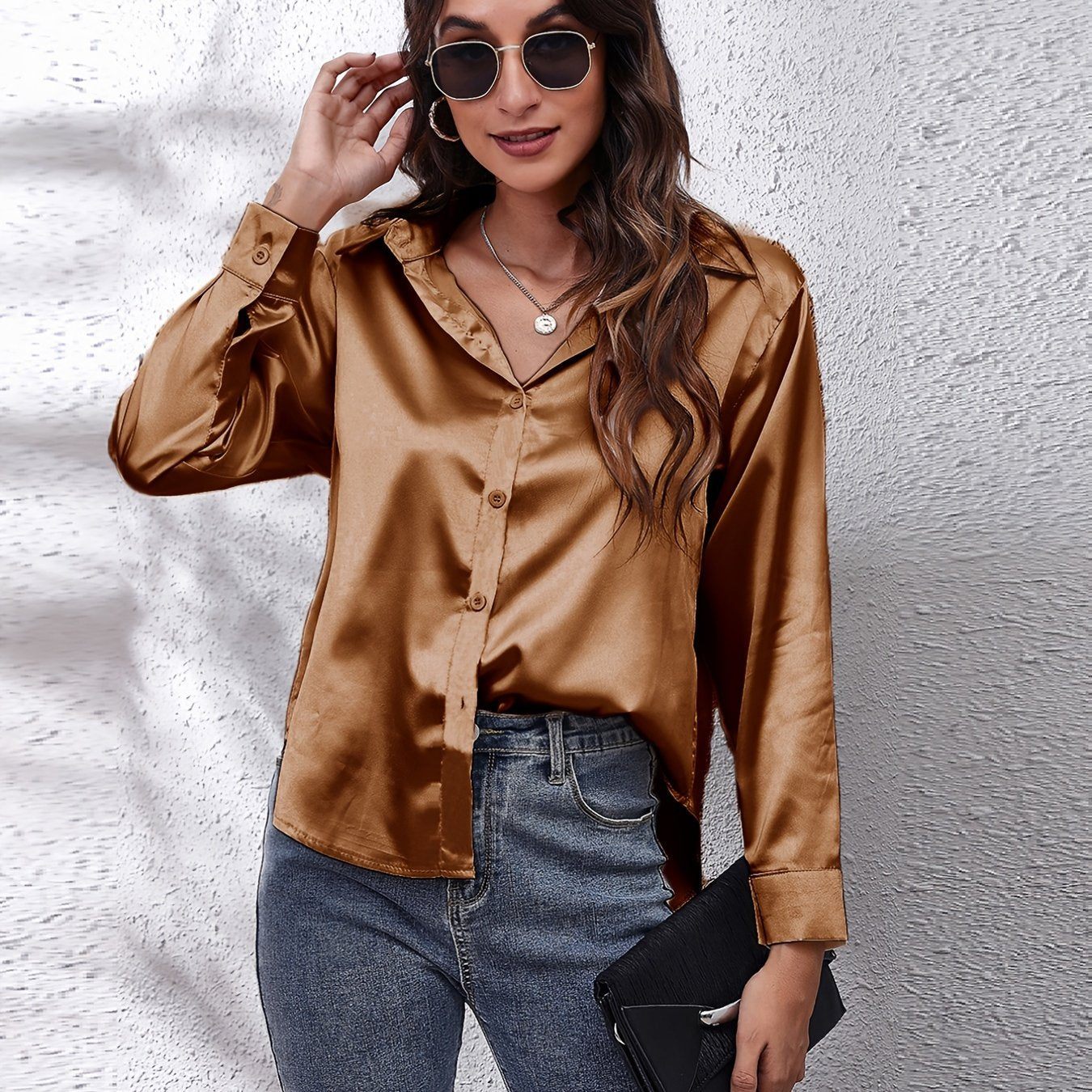 Solid Color Long Sleeve Button Down Tops, Business Casual Blouses For All Seasons, Women's Clothing