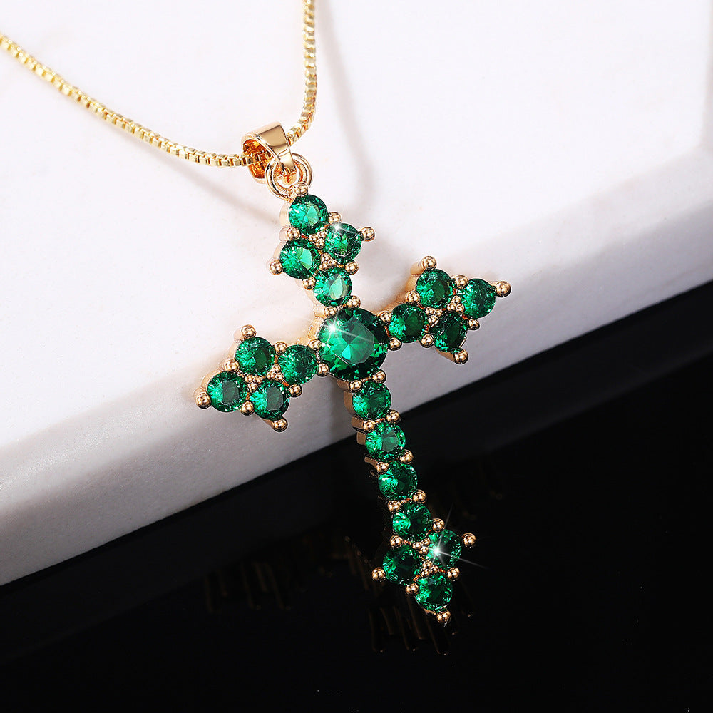 Dainty Cross Shape Pendant Necklace Inlaid Round Cut Shiny Zirconia Good Lucky Adjustable Clavicle Chain