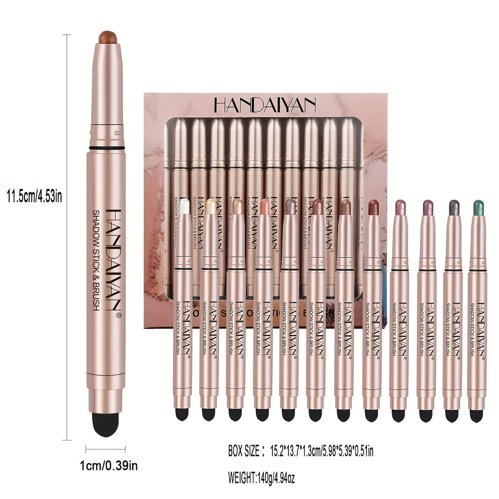 12 Pcs Highlighter Eyeshadow Pen, Matte Creamy Eyeshadow Stick Set With Sponge Brush, Shimmer Metallic Eyeshadow Pencil, Waterproof Long Lasting Eye Brightener Stick, Glitter Multi-Dimensional Eye Makeup For Music Festival