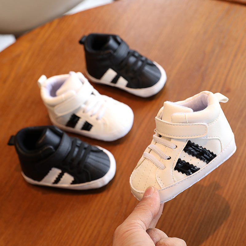 Infant & Newborn Boys' & Girls' Soft Sole Anti-Slip Sneakers - Breathable with Black Striped Design, Adjustable Buckle Closure, All-Season Casual Shoes for Toddlers, Baby Shoes, Toddler Footwear, Stylish Toddler Footwear, Com