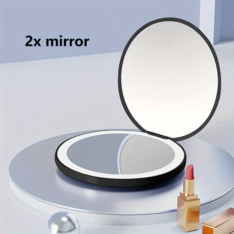 1pc Compact Round Foldable LED Vanity Mirror - Travel Portable Lighted Makeup Mirror for Purse Handbag - 2x Magnification, Double-sided, Handheld, Mini Touch-up Mirror with Light for Travel Essentials