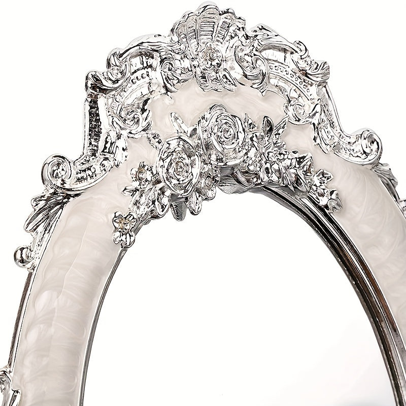 Rose Embossed Antique Oval Mirror with Stand - Vintage Tabletop Mirror for Home, Bedroom, Dressers, Living Room, Bathroom - Decorative Metal Countertop Vanity Makeup Mirror