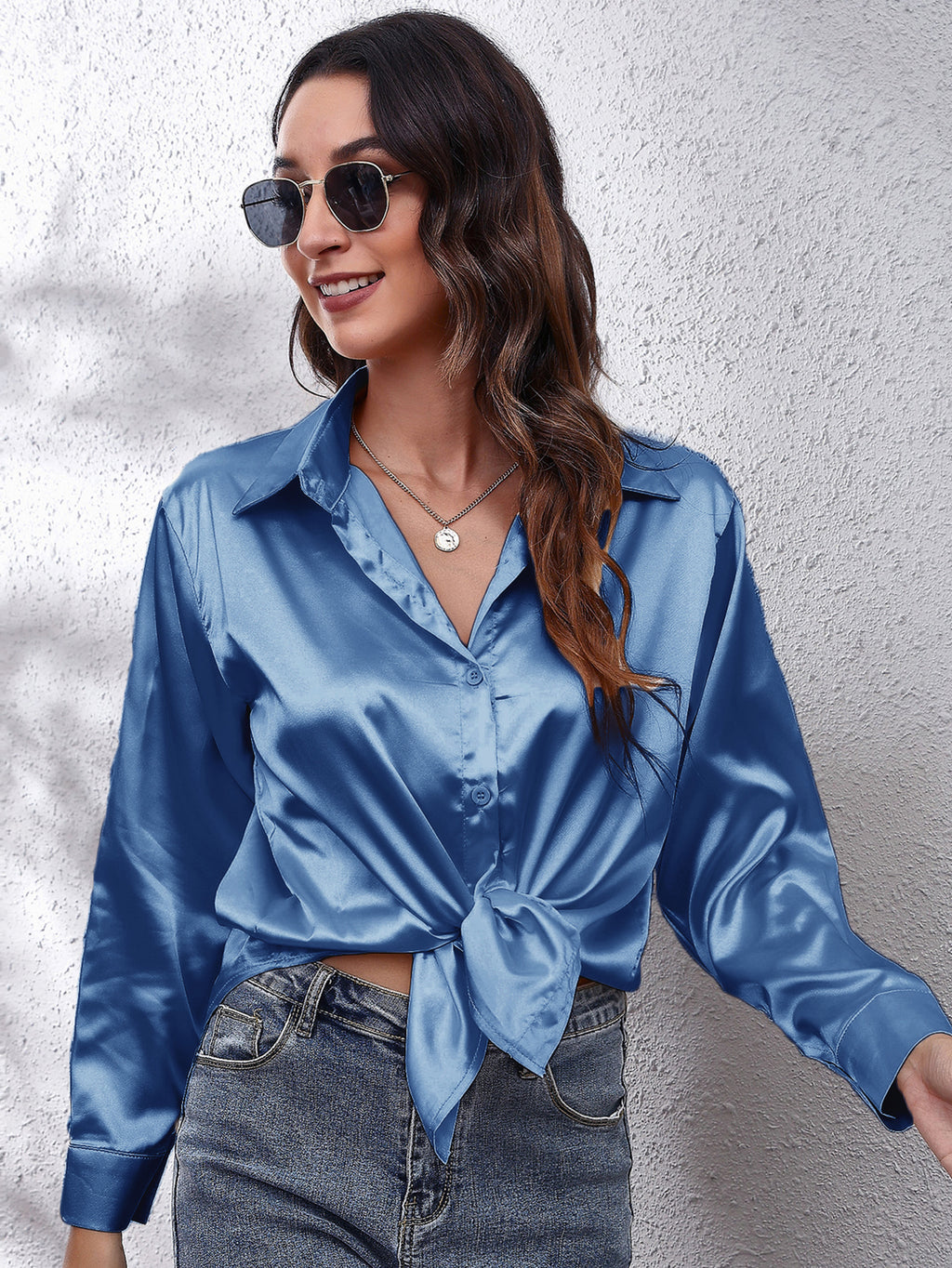 Solid Color Long Sleeve Button Down Tops, Business Casual Blouses For All Seasons, Women's Clothing