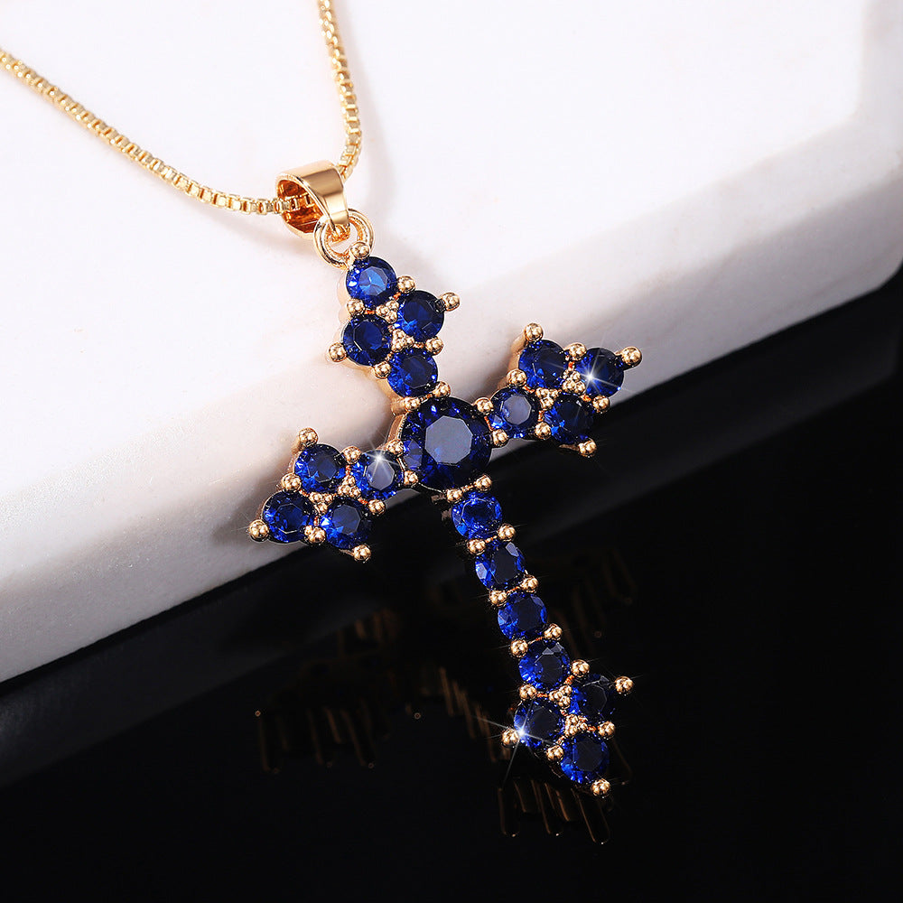 Dainty Cross Shape Pendant Necklace Inlaid Round Cut Shiny Zirconia Good Lucky Adjustable Clavicle Chain