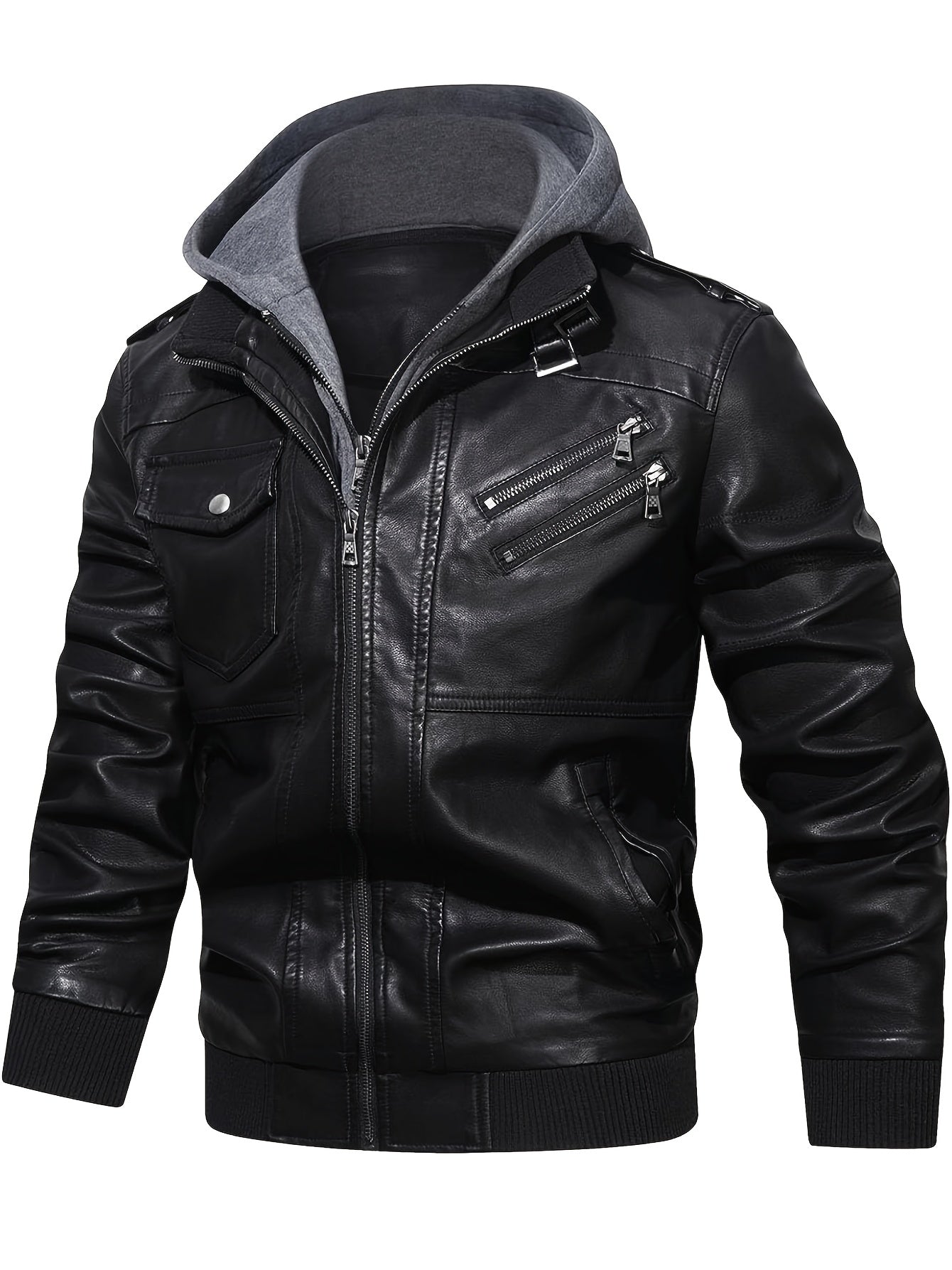 Men's PU Leather Hooded Pockets Zipper Long Sleeves Jackets