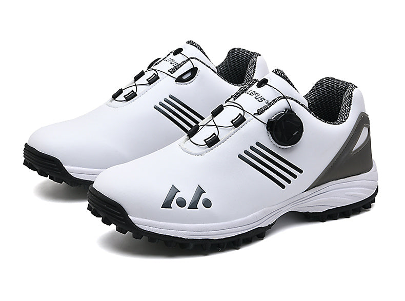 LEFUS Men's High Quality Golf Shoes with Non-Slip Rubber Sole & Swivel Button Closure - All-Weather All-Season Sneakers, Cushioned Insole, White & Black/Gray Athletic Footwear with Traction Tread - Ideal for Golf, Casual & Sp
