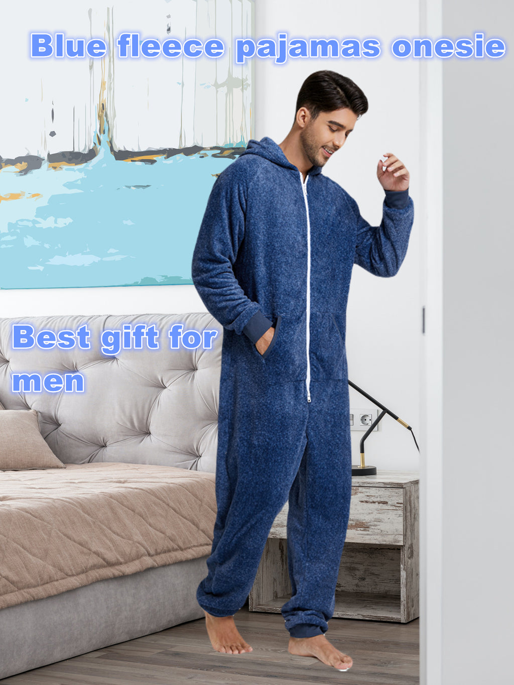 Men'S Heavy-Duty Full-Zip Hooded Onesie - Long Sleeve Winter Sleepwear, Thermal Insulated Lounge suit with Drawstring Hood, Loose Fit Onesie for Cold Weather, Christmas Costume & Everyday Indoor/Outdoor Use - Easy Zipper Clos