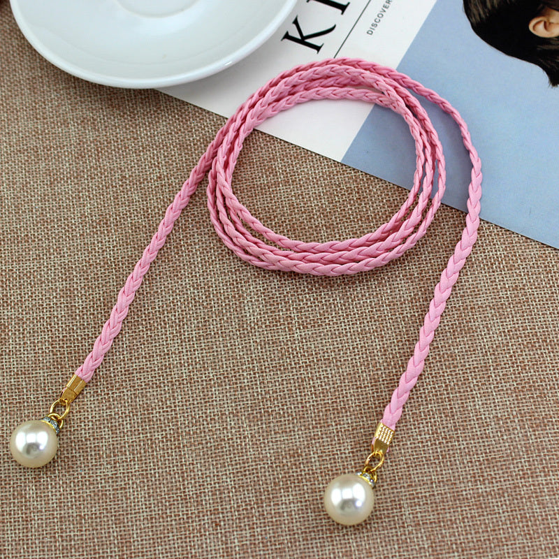 Braided Thin Belt Women's Decor Waist Rope Women's Sweet Dress Tie Waist Chain Skirt With Pearl Waist Accessories