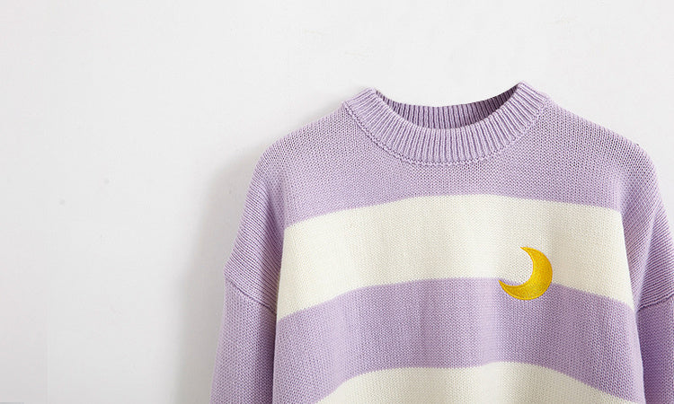 Kawaii Round Neck Striped Pullover Sweater, Casual Every Day Top For Winter & Fall, Women's Clothing