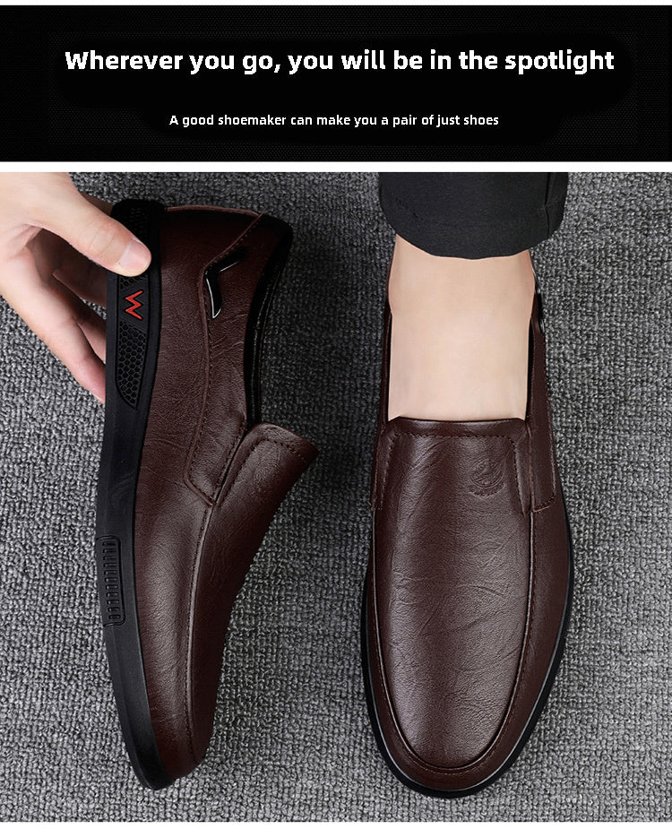 CLOHOO Men's Slip-On/Slip-Resistant Genuine Leather-like (Split Cowhide) Shoes - All-Season Casual & Dressy -like Sneakers with PU, Non-Skid Rubber Sole, Black/Brown for Business, Vacation, Casual Attire (No Laces)