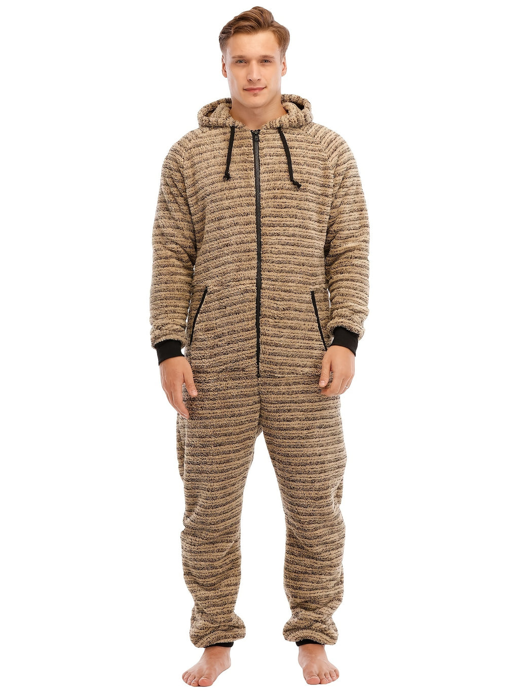 Men'S Heavy-Duty Full-Zip Hooded Onesie - Long Sleeve Winter Sleepwear, Thermal Insulated Lounge suit with Drawstring Hood, Loose Fit Onesie for Cold Weather, Christmas Costume & Everyday Indoor/Outdoor Use - Easy Zipper Clos