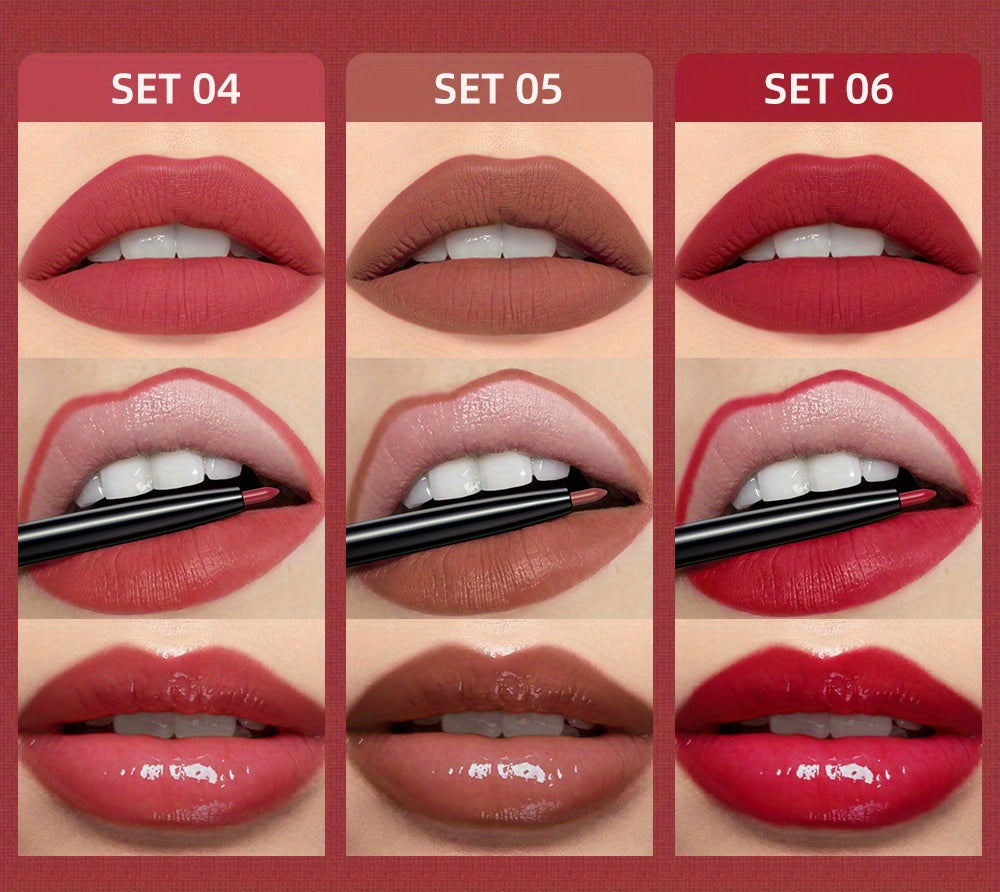 Lip Liner, Lipstick And Lip Gloss Trio Set, Matte Liquid Lipstick + Matching Lip Liner + Lip Gloss Nude Velvety Lipstick Makeup Kit Gift Set, Waterproof Long Lasting, Contains Plant Squalane Formula