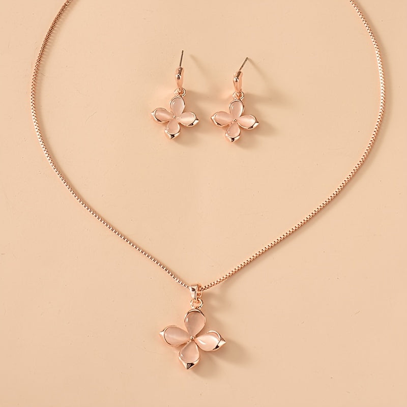 Delicate Pink Four Leaf Clover Opal Pendant Necklace & Earrings Jewelry Set Lucky Accessories Gift For Birthday Party St. Patrick's Day Holiday Ornament
