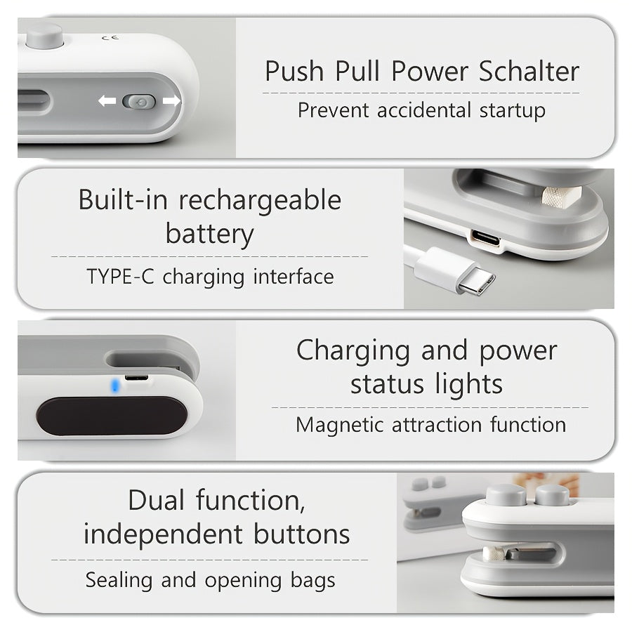 2-in-1 Rechargeable Mini Snacks Bag Sealer - USB-Powered Heat Seal & Cut Fresh Food Storage Bags, Compact Design with Built-in Battery, 16W, Plastic Material For Easy Storage & Freshness, Usb Powered Sealer, Durable Plastic S