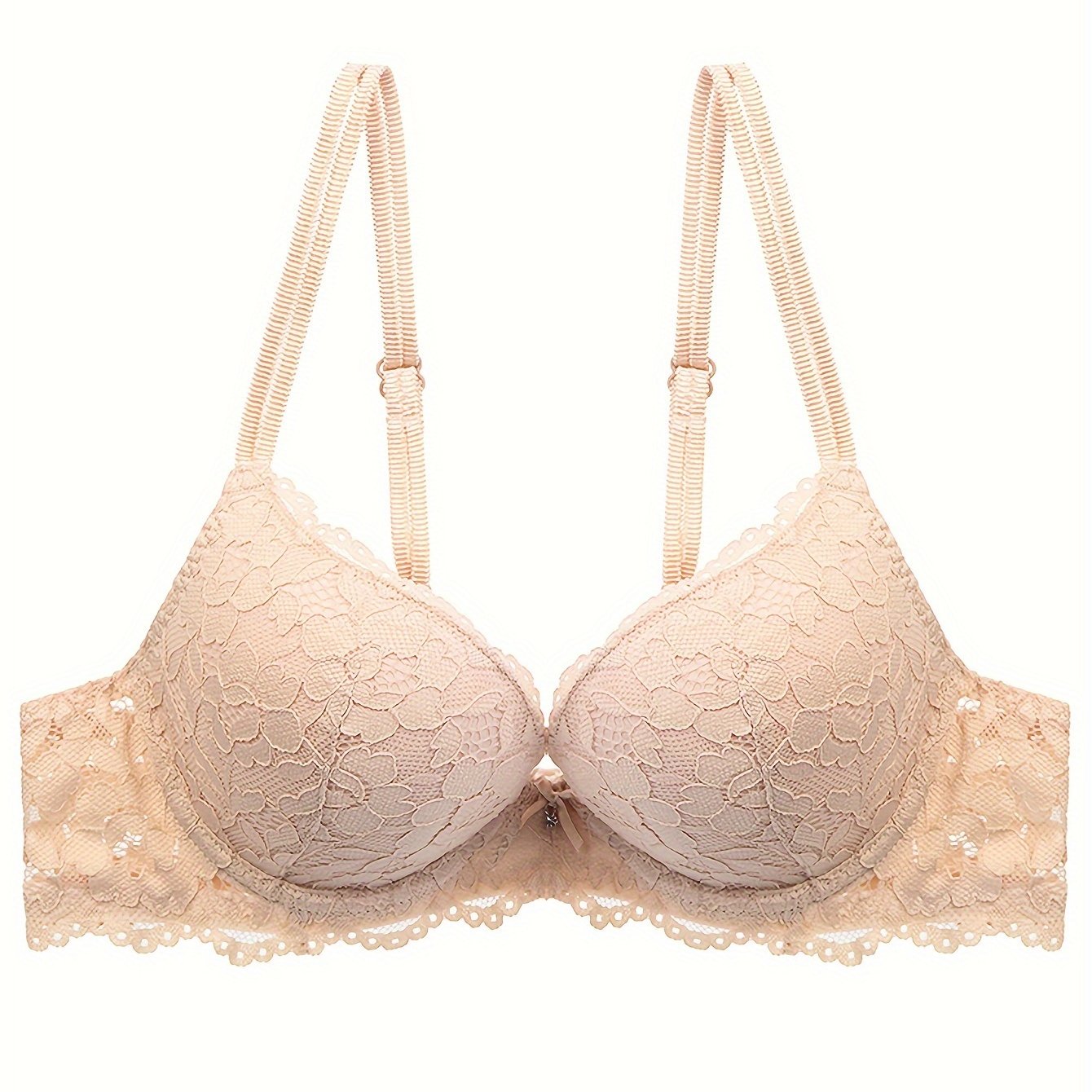 Lace Mesh Hollow Everyday Bra, Comfort & Mature Double Strap Thick Cup Push Up Intimates Bra, Women's Lingerie & Underwear
