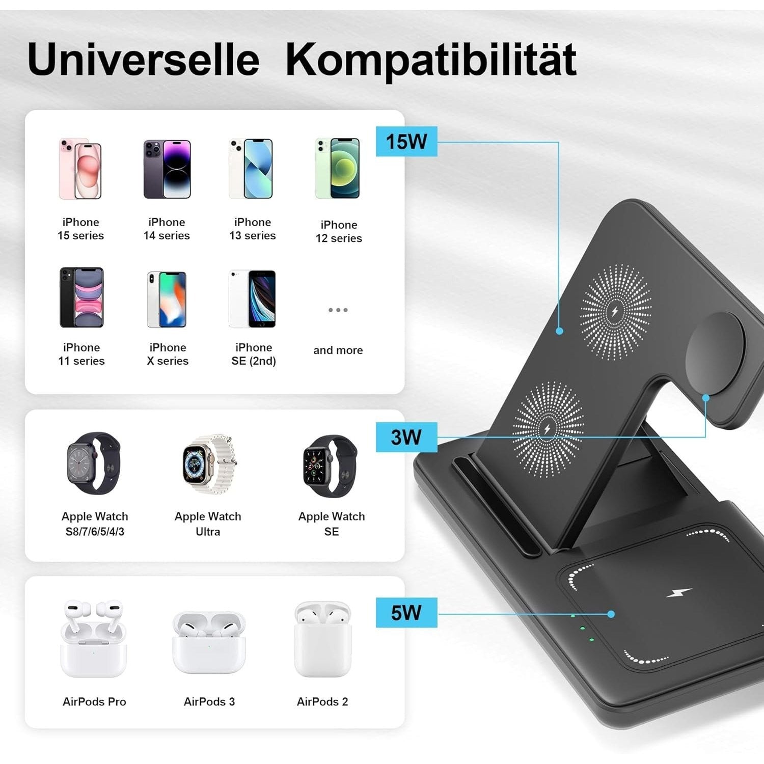 wireless charger, 3 in 1 Charging Station, With Adapter，15W Qi ladestation Fast Foldable Magnetic Stand Dock Replacement for iPhone 16 15 14 13 12 11 Pro Max XS XR X, iWatch 10 9 8 7 6 5 4 3 SE, AirPods 4 3 Pro (With Adapte