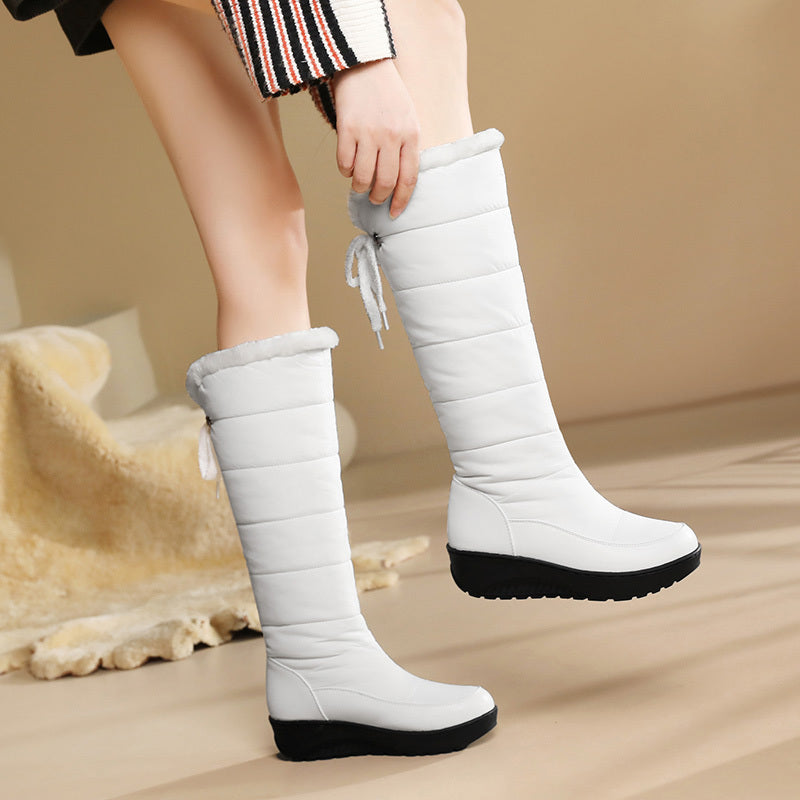 Waterproof Non-slip Outdoor Knee Boots, Warm Plush Inner Flat Lace Up Back Sports Sneakers, Women's Footwear
