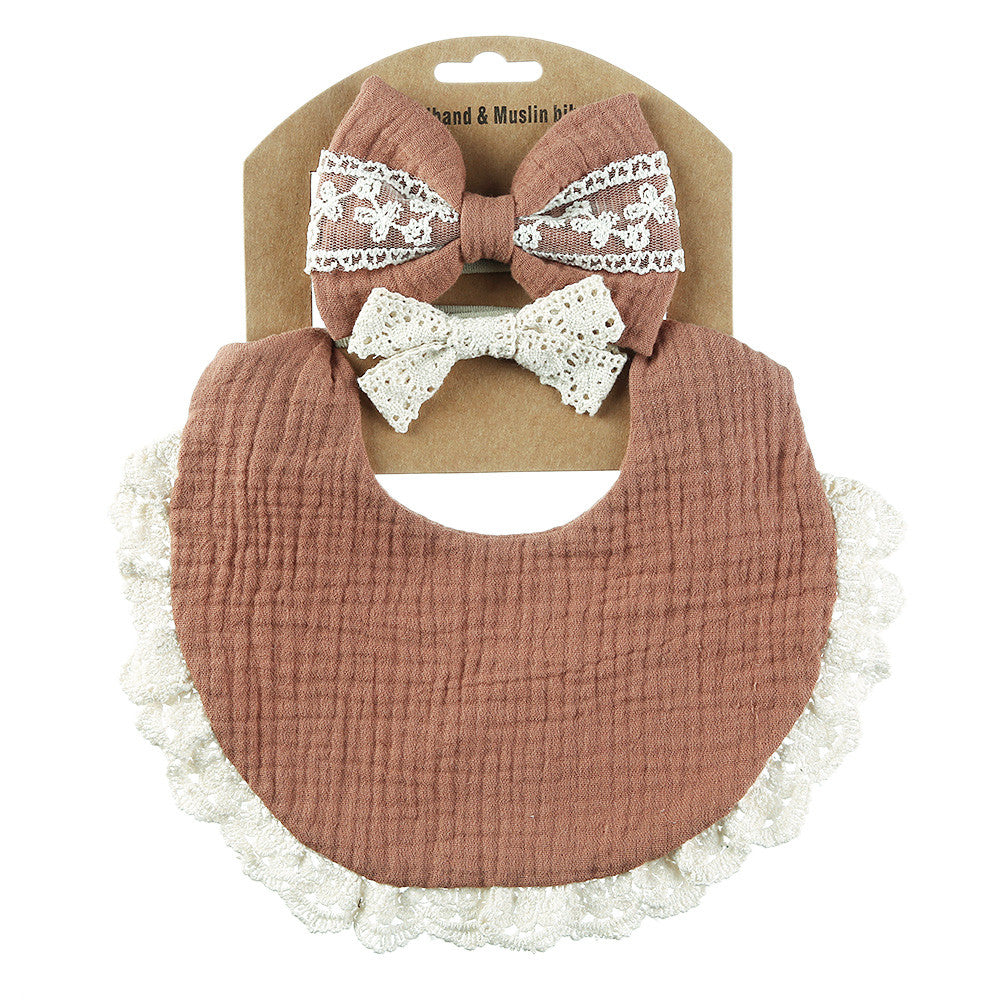 Two Headbands + One Bib Set, New Baby Bib, Kids Lace Bow Headband, Baby Crepe Stain Resistant Bib Set