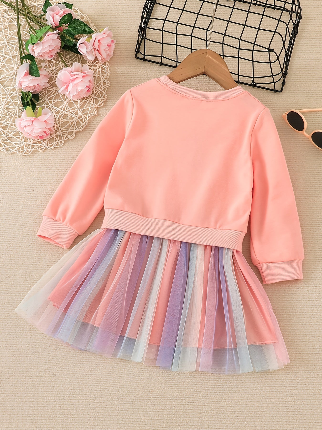 Toddler Girls Long Sleeve Cute Unicorn Graphic Color Block Mesh Spliced Princess Dress For Party Kids Clothes