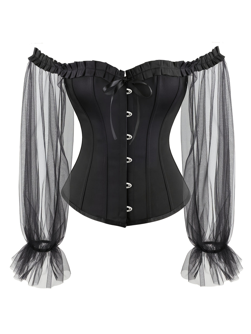 Off Shoulder Neck Corsets For Women Sheer Mesh Long Puff Sleeve Overbust Corset Gothic Lace-up Boned Bustier Tops Black