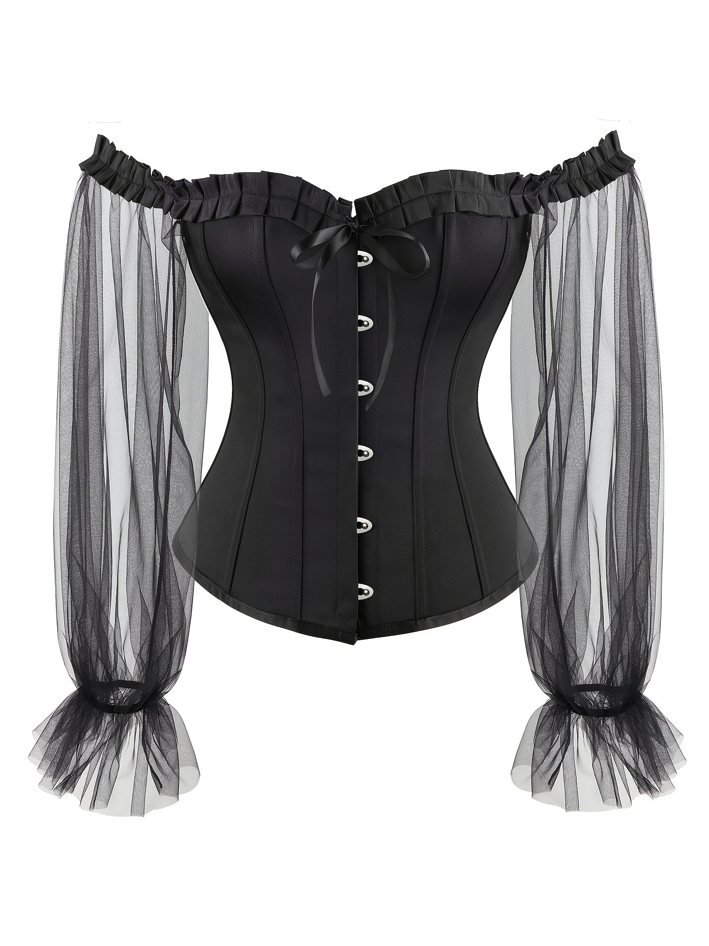 Off Shoulder Neck Corsets For Women Sheer Mesh Long Puff Sleeve Overbust Corset Gothic Lace-up Boned Bustier Tops Black