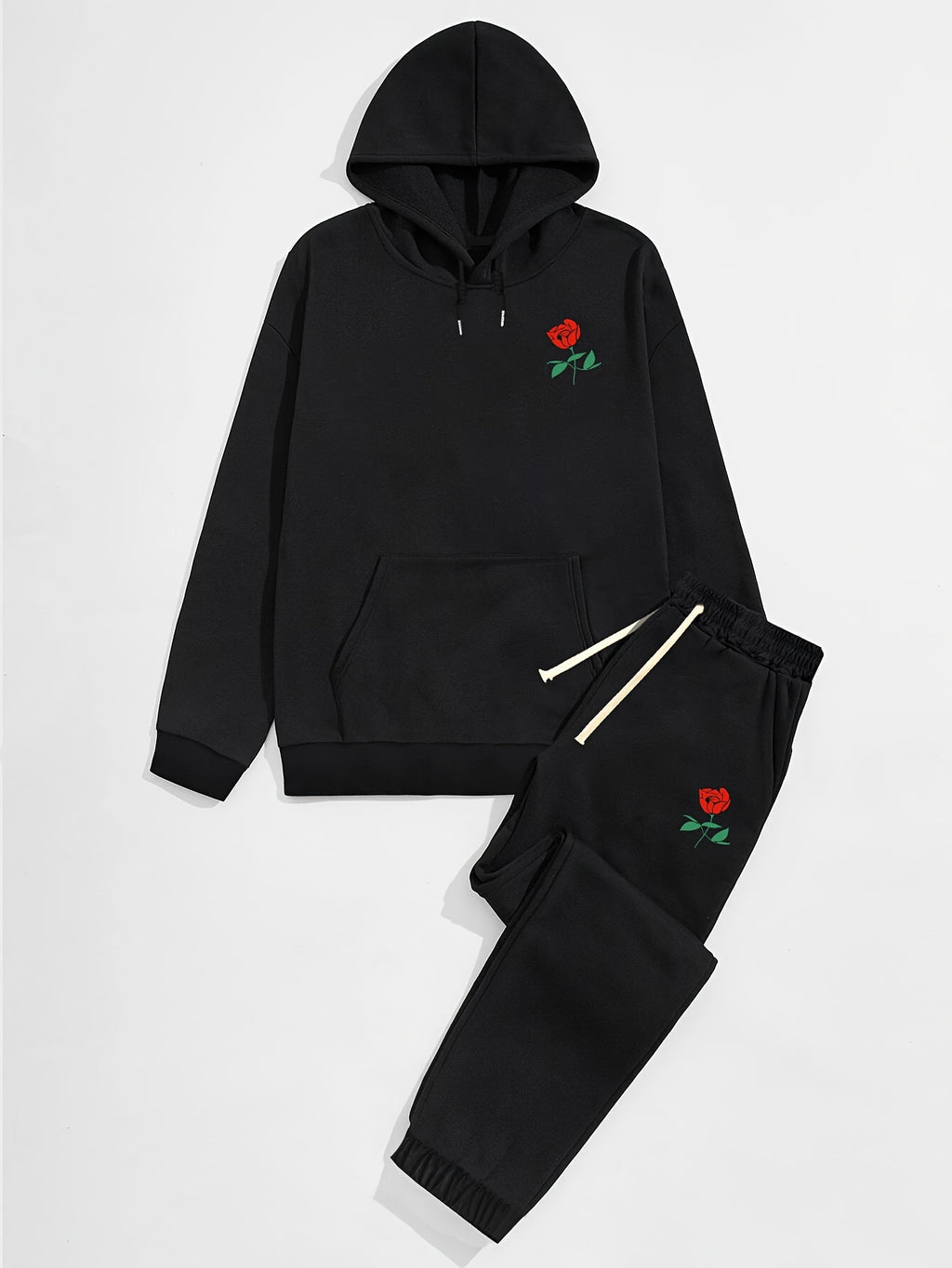 Men's Rose Graphic Print Pullover Hooded Sweatshirt Casual Outfit Set, 2 Pieces Long Sleeve Hoodies And Drawstring Sweatpants