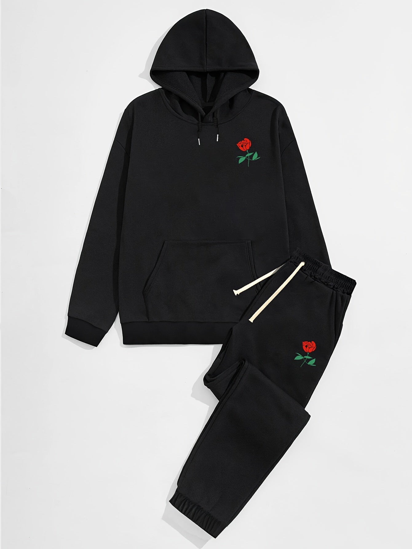Men's Rose Graphic Print Pullover Hooded Sweatshirt Casual Outfit Set, 2 Pieces Long Sleeve Hoodies And Drawstring Sweatpants