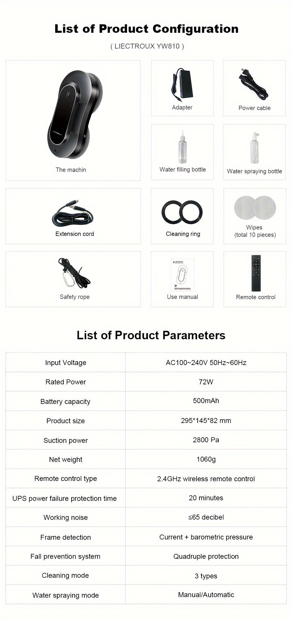 Robot Window Cleaner Liectroux YW810, 2-Way Water Spray, Ultra-thin, Robot Vacuum Cleaner For Windows, Home Electric Glass Washer & Wiper, Dry & Wet Mopping, AI Route, Brushless Motor, APP & Remote Control, Quadruple Security