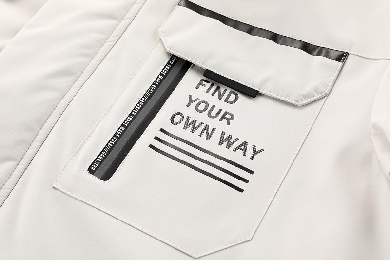 Men'S Winter Windbreaker Jacket with Lamb Fur Collar, Polyester 100% Windproof Zippered Sports Jacket, Alphabet Pattern, Regular Sleeve, Casual Outdoor Wear, H Fit, 150g/m² Fabric Weight