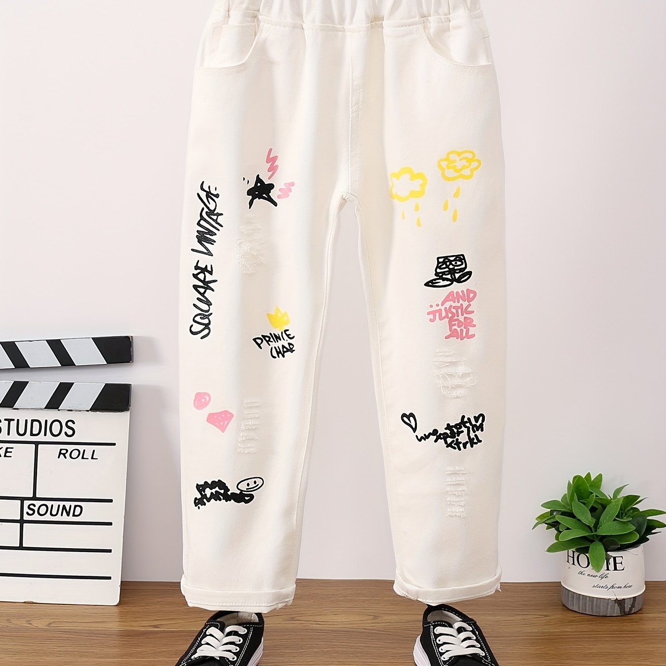 Girls Ripped Tapered Jeans, Cartoon Pattern Elastic Waistband Denim Jeans Kids Clothes
