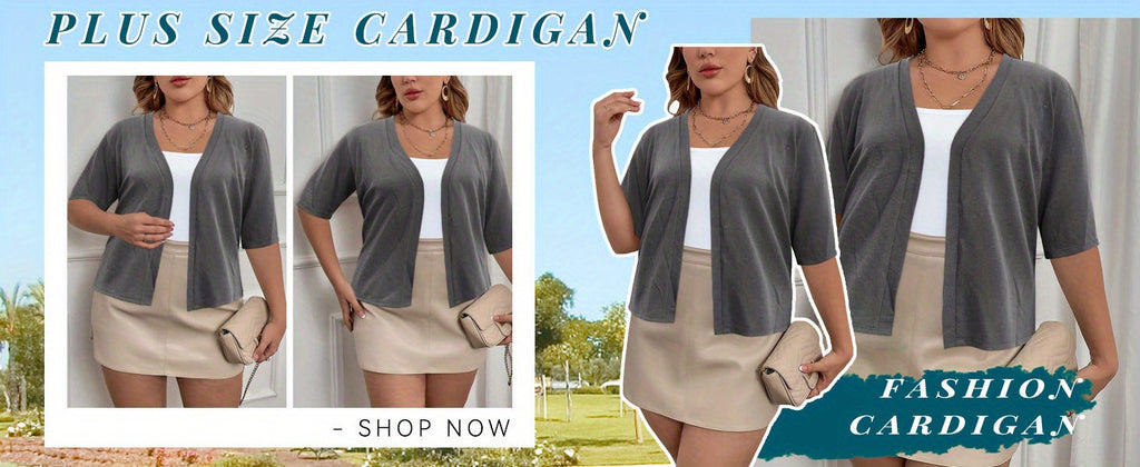 Plus Size Elegant Cardigan, Women's Plus Basic Half Sleeve Slight Stretch Cardigan