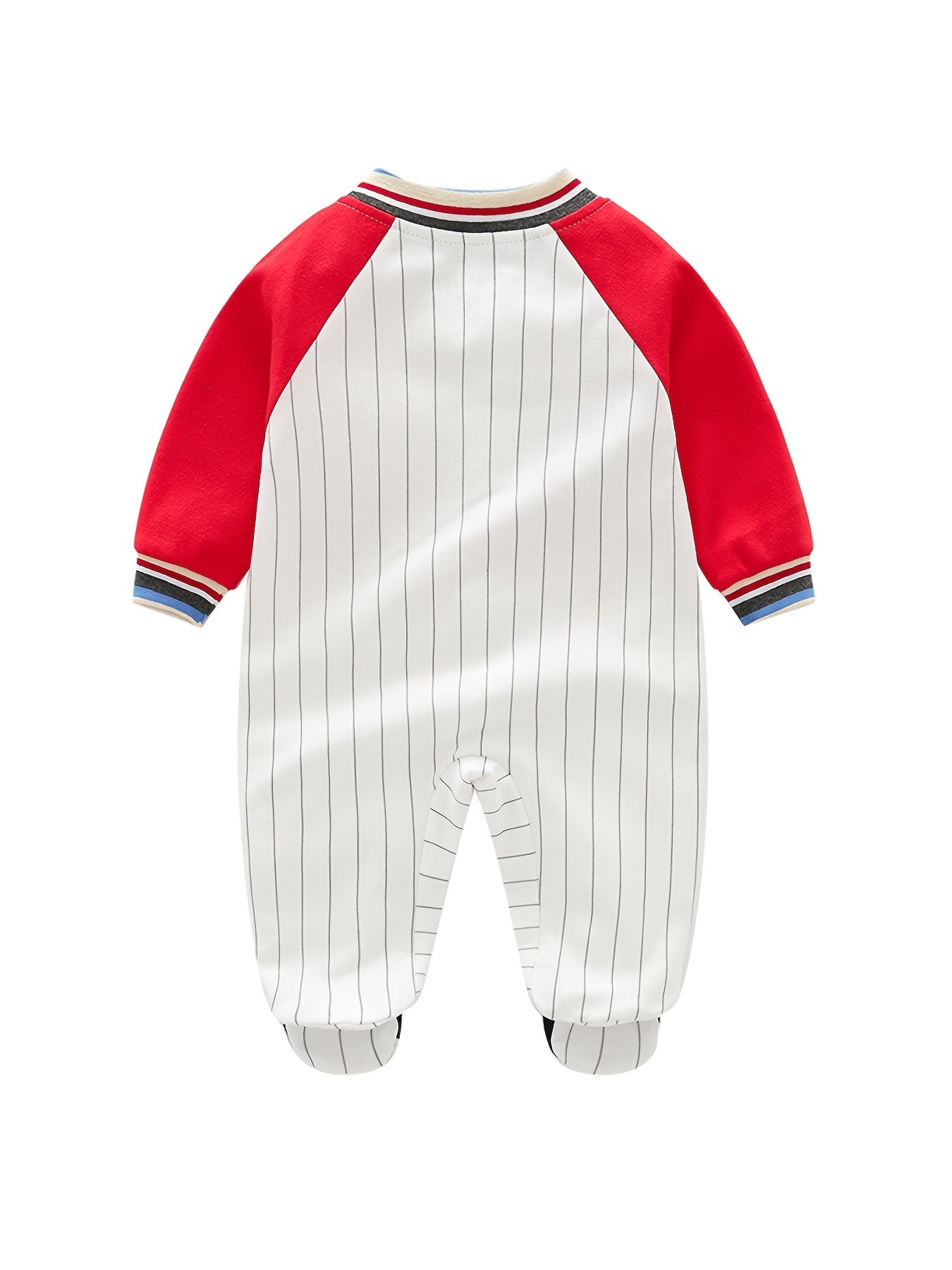 Newborn Infant Cotton Vertical Stripe Color Block Romper, Letter Embroidery Long Sleeve Jumpsuit For Baby Boys Toddler Clothes