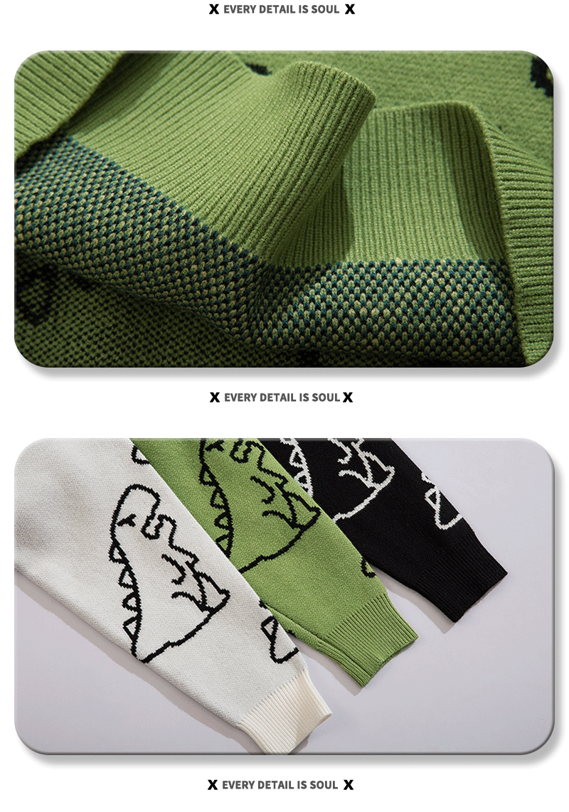 YWFG Unisex Casual Loose Fit Sweater - Black with Blue Dinosaur & Cloud Design, Long Sleeve Round Neck Pullover for Men & Women, Cozy Fall/Winter Knitwear, Dinosaur Clothes, Fall Winter Apparel, Playful Graphic Design, Comfor