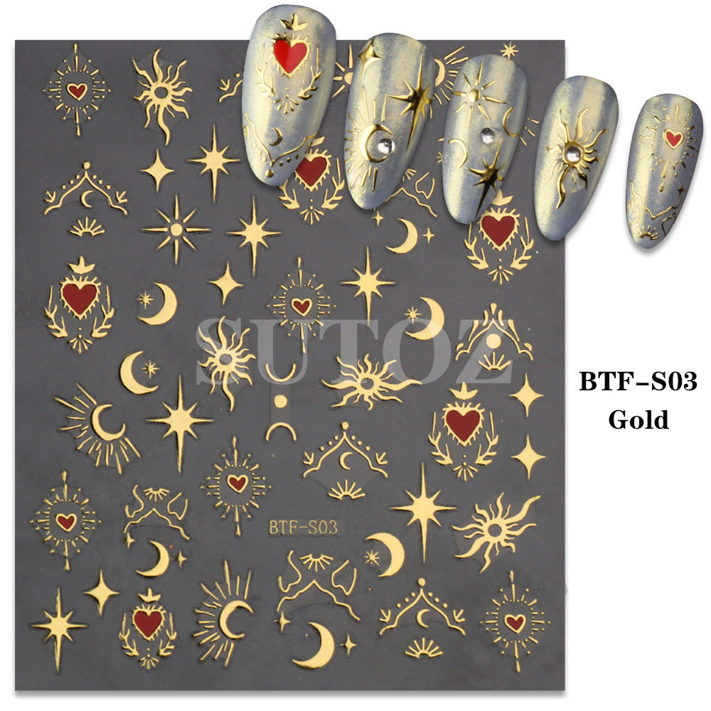 Golden Sun, Moon, and Star Nail Art Stickers - Self-Adhesive 3D Decals for French Nail Design and DIY Decoration