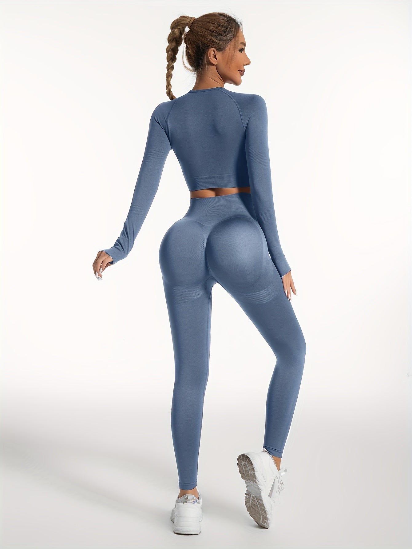 Women's Yoga Sports Suits, Seamless Stretchy Fitness Suits, Long Sleeve Thumb Hole Cropped Top & Slimming Leggings, Women's Activewear